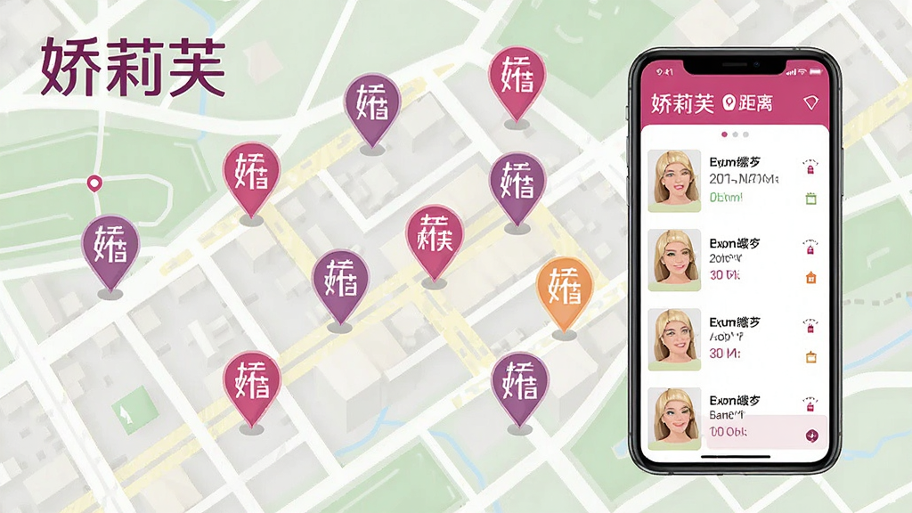 一张表现娇莉芙门店定位功能的图片,画面以地图为背景,地图上标注多个娇莉芙门店图标,手机屏幕显示门店列表和距离信息,风格为扁平化设计,色彩明快,布局清晰,细节精致,画质干净,无多余元素,图片中文字标注“娇莉芙”