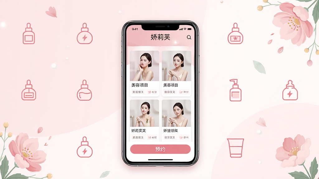 一张展示娇莉芙手机应用界面的图片,画面中央是一部智能手机,屏幕上显示娇莉芙APP的主页,包含美容项目卡片和预约按钮,背景为柔和的粉白色调,四周点缀着简约的美容图标和花朵元素,整体风格清新时尚,布局居中对称,细节精致,画质清晰,干净无多余元素,图片中文字标注“娇莉芙”