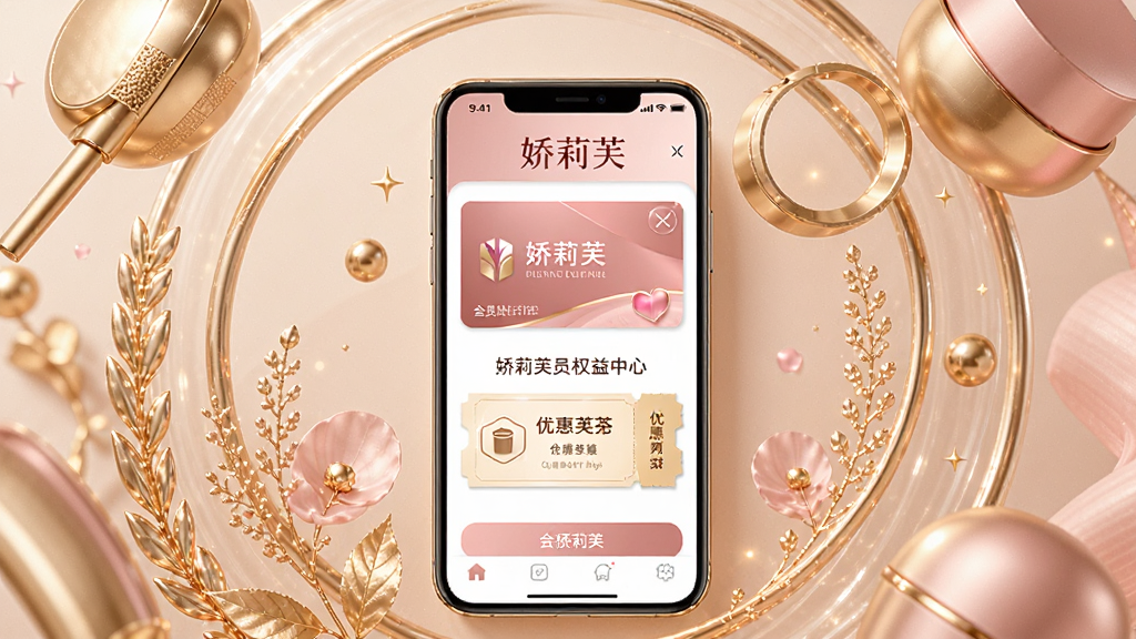 一张展示娇莉芙会员权益中心的图片,画面中手机屏幕显示会员卡和优惠券界面,周围环绕金色和粉色的装饰元素,风格优雅精致,布局居中,细节丰富,画质清晰,无多余元素,图片中文字标注“娇莉芙”