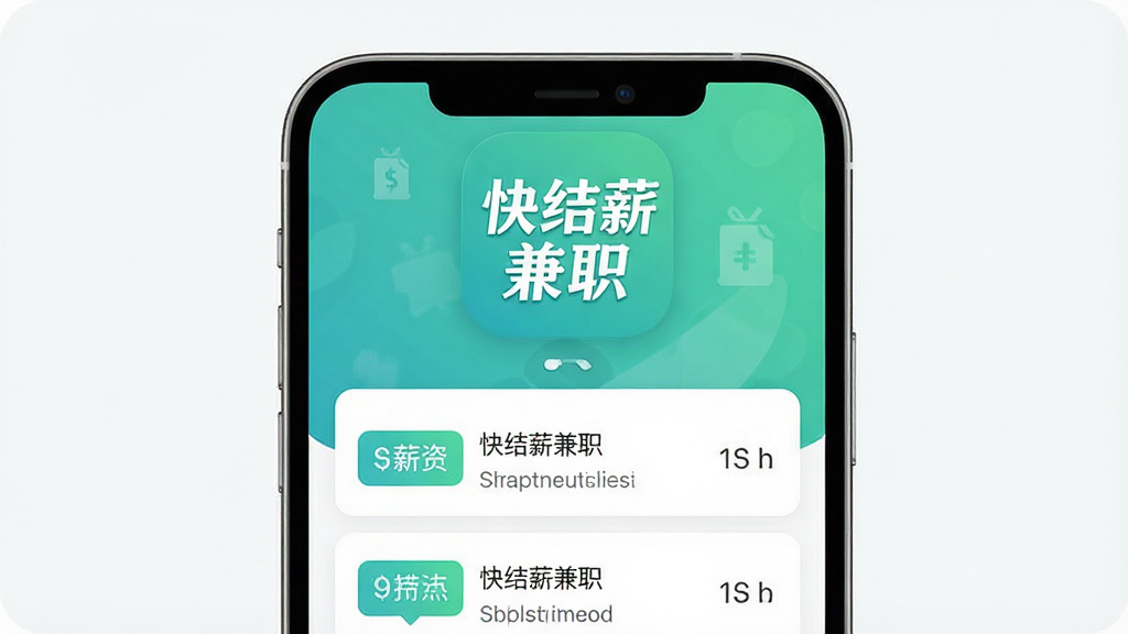 一张展示手机应用界面的图片,画面中央是带有“快结薪兼职”字样的应用图标,图标下方是整洁的岗位列表界面,包含薪资标签与地点信息,整体布局清晰,风格现代简约,画质干净,无多余元素