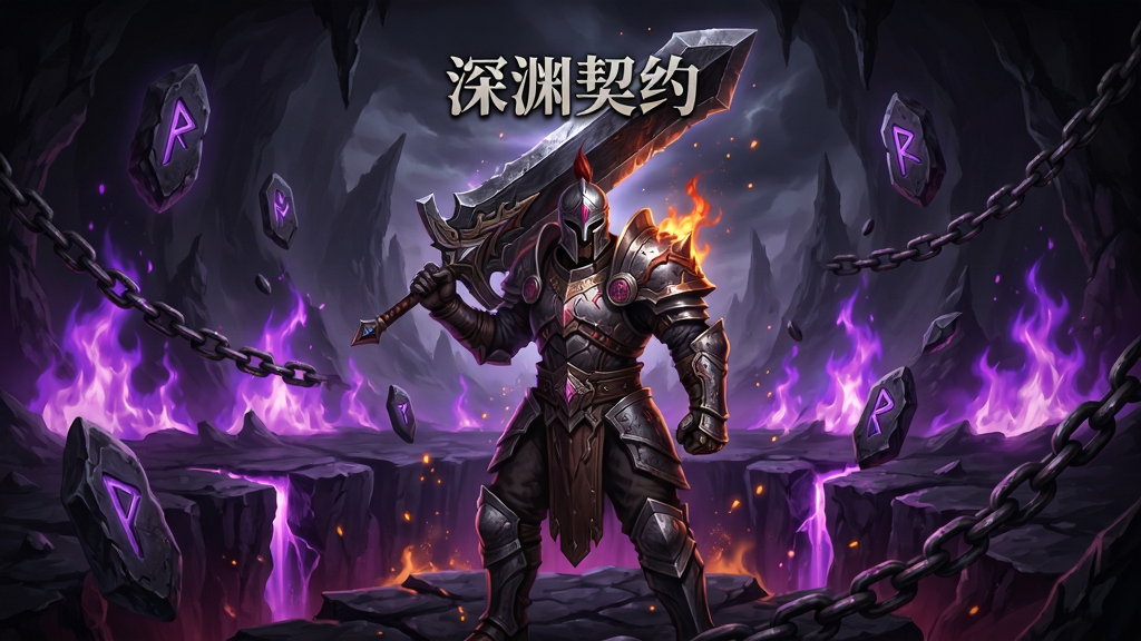 暗黑魔幻风格游戏主界面,画面中央是手持巨剑的战士角色,背景为深渊裂谷与紫色火焰,四周漂浮着符文石与锁链,主体突出,布局为竖版手机游戏界面,排版采用上下分层结构,风格为暗黑奇幻CG插画,细节包含盔甲纹理、火焰粒子、深渊裂隙光效,画质4K高清,干净无多余元素,画面中文字标注“深渊契约”