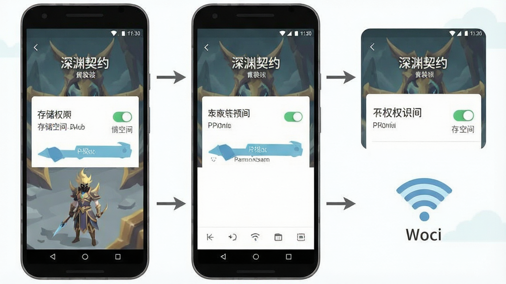 手机游戏安装教程示意图,画面展示安卓手机屏幕上的安装权限设置界面,布局为上下步骤分解,风格为扁平化教程插画,细节包含权限开关、存储空间提示、WiFi图标,画质清晰,干净简洁,画面中文字标注“深渊契约”