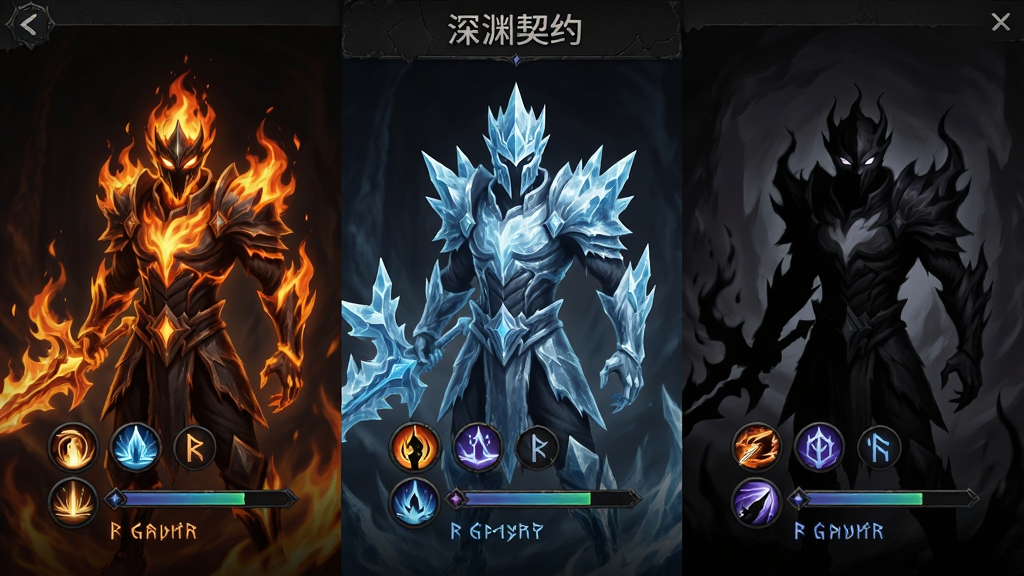 暗黑风格游戏角色界面,画面展示三个不同契约形态的战士,左侧为火焰形态、中间为冰霜形态、右侧为暗影形态,布局为横向三栏对比展示,风格为游戏UI概念图,细节包含技能图标、能量条、契约符文,画质高清,干净整洁,画面中文字标注“深渊契约”