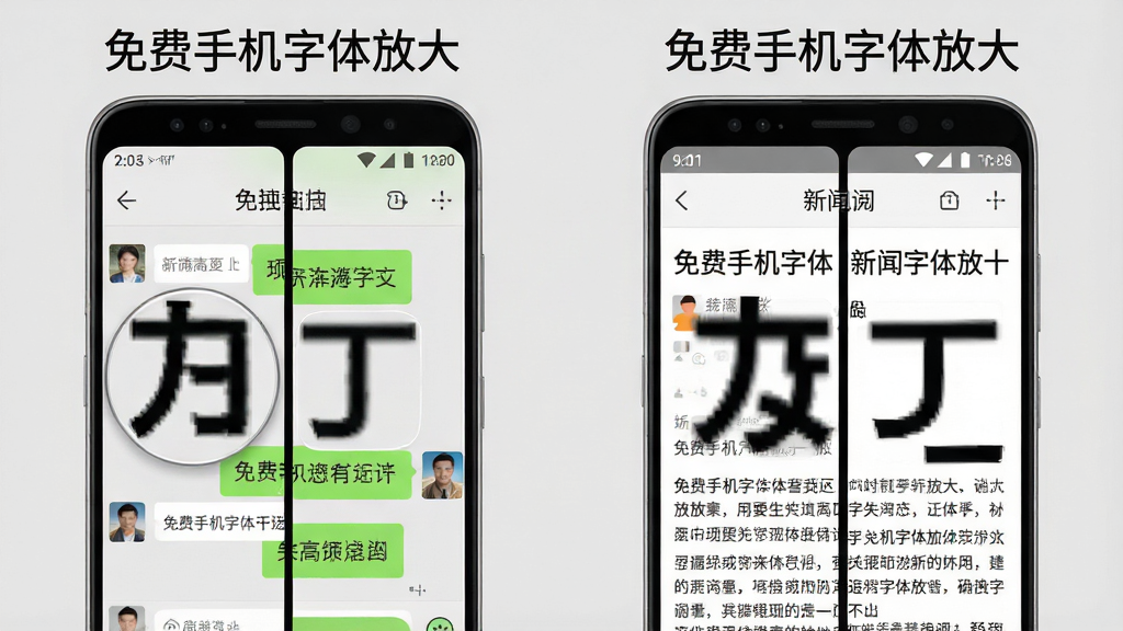 一部安卓手机分屏展示两个场景,左侧为微信聊天界面放大字体的效果,右侧为新闻阅读界面放大字体的效果,屏幕上方均显示“免费手机字体放大”字样,背景为浅灰色,主体为手机分屏画面,布局左右对称,风格为写实UI展示风,细节包括聊天界面的气泡文字、新闻界面的标题和正文、字体放大后的清晰边缘,画质高清,干净,无多余元素