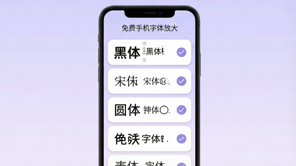 一部安卓手机屏幕展示字体样式选择界面,屏幕上显示“免费手机字体放大”软件名称和多种字体预览选项,包括黑体、宋体、圆体等,背景为淡紫色渐变,主体为手机和字体列表,布局居中,风格为清新扁平化设计,细节包括每种字体的示例文字、选中状态的勾选标记、界面的圆角卡片设计,画质高清,干净,无多余元素
