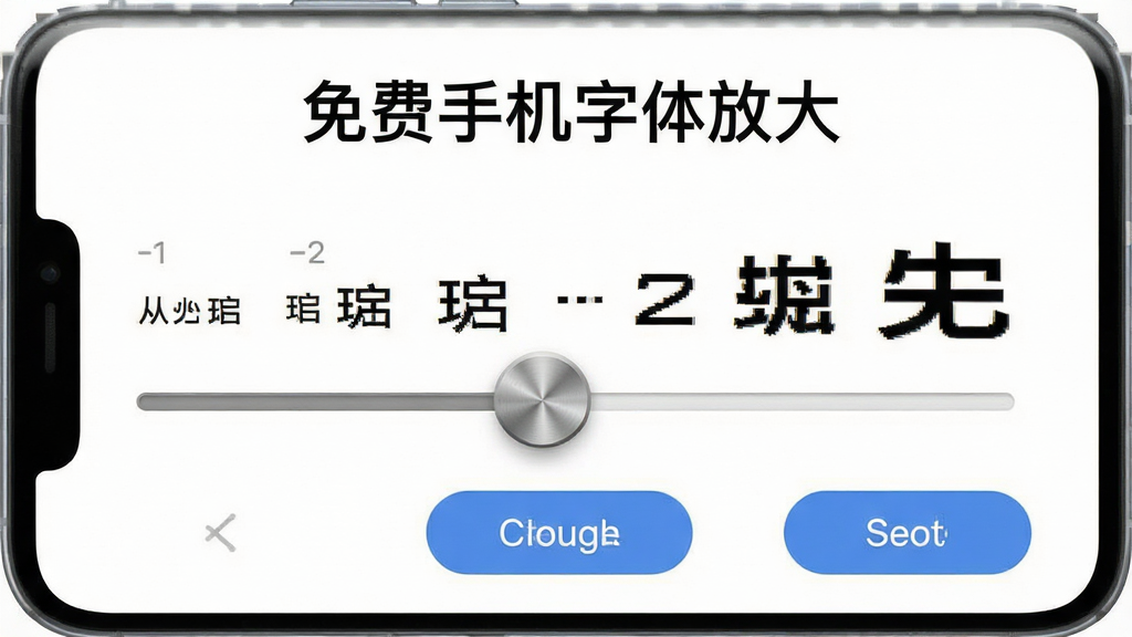 一部智能手机展示字体大小调节滑块界面,屏幕上方显示“免费手机字体放大”软件名称,滑块从左到右对应从小到大的字体预览,背景为纯白色,主体为手机和调节界面,布局居中,风格为简约UI设计风,细节包括滑块的金属质感、字体预览的清晰度、界面按钮的圆角处理,画质高清,干净,无多余元素