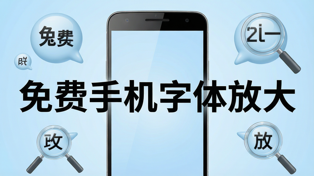 一部安卓手机屏幕中央显示着放大的中文文字,文字内容为“免费手机字体放大”,手机周围环绕着大小不一的字体气泡和放大镜图标,背景是柔和的浅蓝色渐变,主体突出手机屏幕和放大的文字,布局居中对称,排版简洁清晰,风格为现代扁平化科技风,细节包括手机边框的高光、字体气泡的立体感、放大镜的玻璃质感,画质高清,干净,无多余元素
