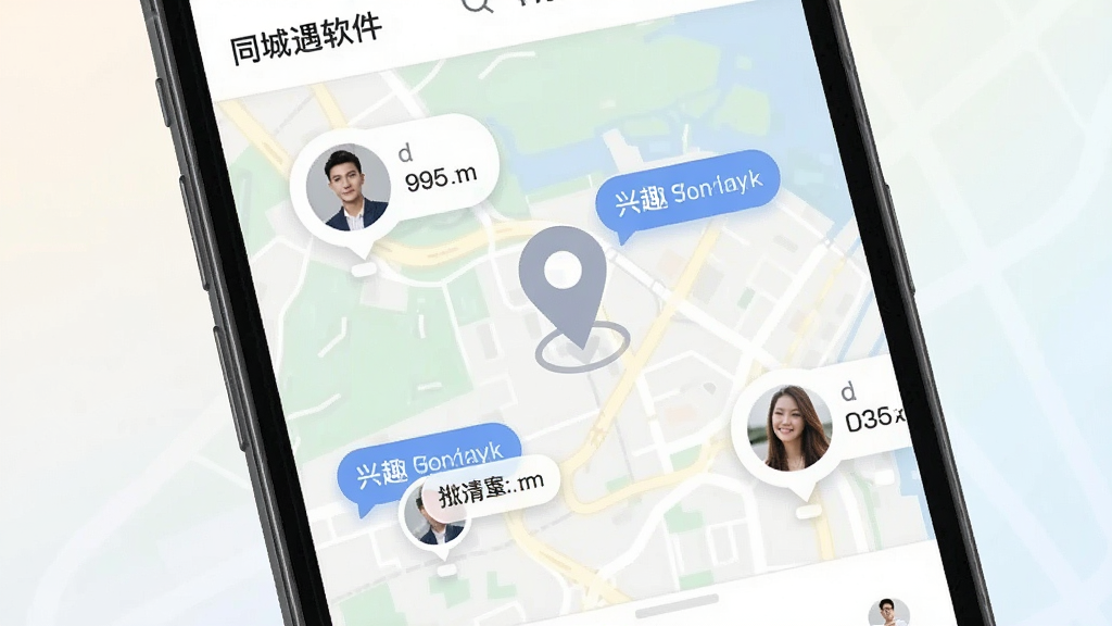 一张同城情遇软件匹配功能展示图,画面主体为手机屏幕特写,屏幕中显示地图定位图标与周围用户头像气泡,配有距离标注和兴趣标签,背景为浅色渐变,风格现代简约,画质清晰,干净无多余元素