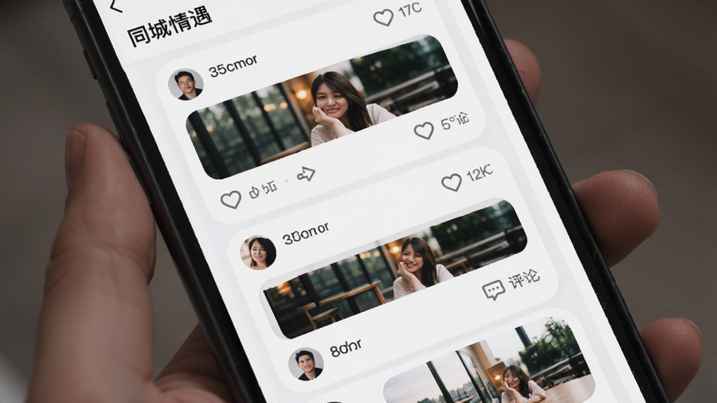 一张同城情遇动态广场界面图,画面展示手机屏幕中瀑布流动态卡片,包含用户头像、配图和点赞评论图标,背景为浅灰白色,风格清新社交风,画质清晰,无多余元素