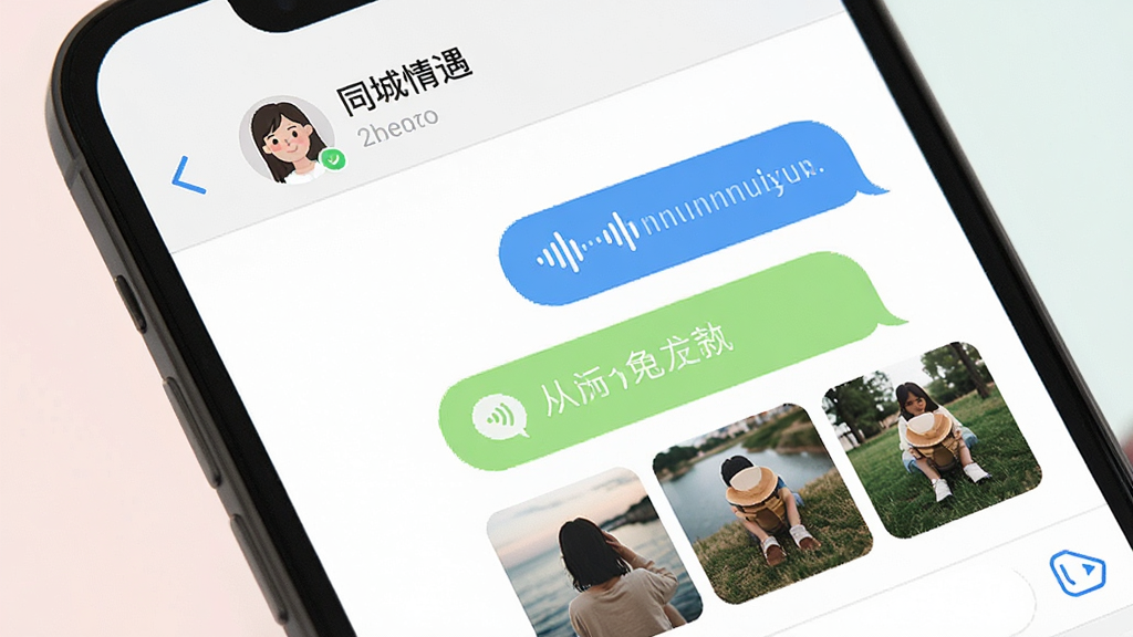 一张同城情遇聊天界面展示图,画面为手机聊天窗口特写,显示文字气泡、语音消息条和图片缩略图,顶部有用户头像和昵称,背景为柔和浅色调,风格清爽,画质清晰,干净无多余元素