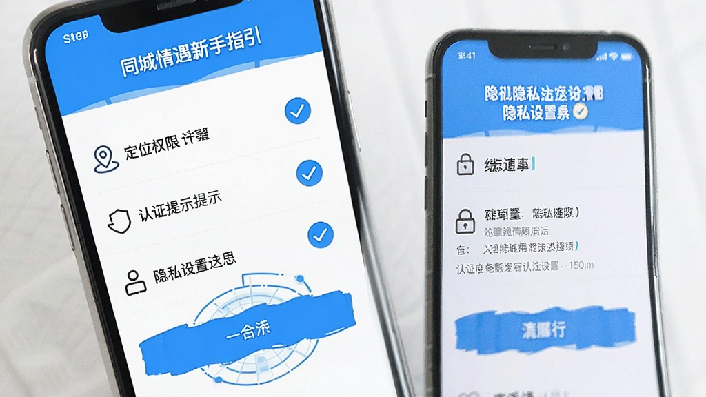 一张同城情遇新手指引界面图,画面为手机屏幕显示步骤列表与勾选图标,包含定位权限、认证提示和隐私设置选项,风格简洁明快,配色以蓝白为主,画质清晰,无多余元素