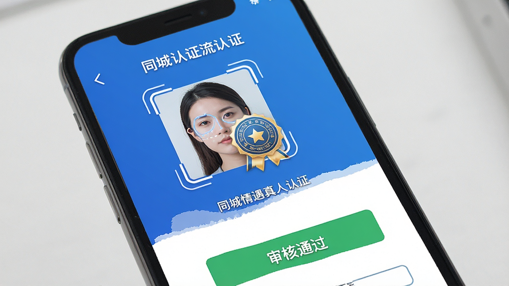一张同城情遇真人认证流程示意图,画面展示手机屏幕中认证页面,包含人脸识别框、认证标识徽章和审核通过提示,配色以蓝色和白色为主,风格干净商务,画质清晰,无多余元素