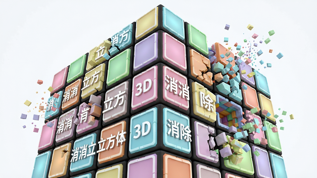 画面主体是一个由数百个彩色发光小方块组成的巨大立体魔方结构,布局采用仰视倾斜视角以突出立体感,排版上让方块之间留有空隙并露出内部结构,风格采用未来科技感与清新糖果色相融合的3D渲染,细节上展示方块被点击后碎裂成粒子消散的动态效果,画质为超高清,画面干净整洁,无杂乱背景元素,方块表面用白色描边字体写着“消消立方体 3D消除”。
