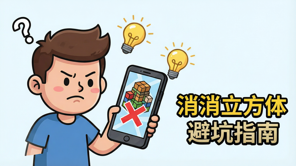 画面主体是一个卡通风格的新手玩家正拿着手机皱眉,布局为人物在左手机在右,排版上手机屏幕显示复杂的立体方块结构,风格为幽默漫画风,细节包含人物头顶的问号、手机屏幕上的红色叉号标记以及旁边漂浮的灯泡,画质为矢量插画风,画面干净无杂乱背景,手机屏幕旁用醒目字体写着“消消立方体 避坑指南”。