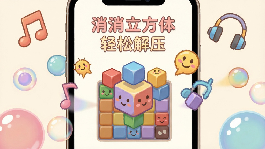 画面主体是一个手机屏幕特写,屏幕上显示着消消立方体的游戏界面,布局以手机为中心放置,排版上周围环绕着音符和彩色气泡,风格为温馨治愈系插画,细节包含从屏幕中飘出的彩色方块、耳机和笑脸符号,画质为高清,画面干净无杂物,屏幕内用柔和字体显示“消消立方体 轻松解压”。