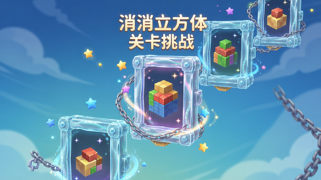 画面主体是多个悬浮的透明玻璃质感的关卡入口传送门,布局呈阶梯状向上延伸,排版上每个传送门内显示着不同难度的立体方块结构预览图,风格为魔幻卡通风格,细节包含传送门边缘流动的光效、飘浮的星星和锁链元素,画质为精美插画级别,画面干净无多余文字,其中一个传送门上方用发光字写着“消消立方体 关卡挑战”。