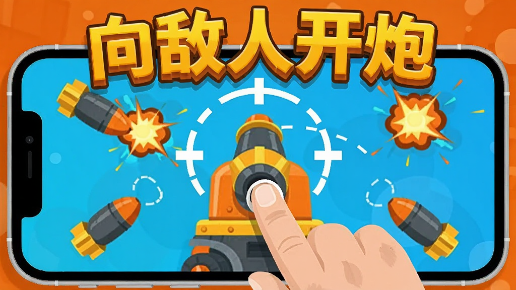 一部智能手机横屏展示,屏幕中显示卡通炮台与虚线瞄准轨迹,手指正在屏幕上拖拽,画面周围漂浮着炮弹与爆炸特效,顶部用黄色立体字标注