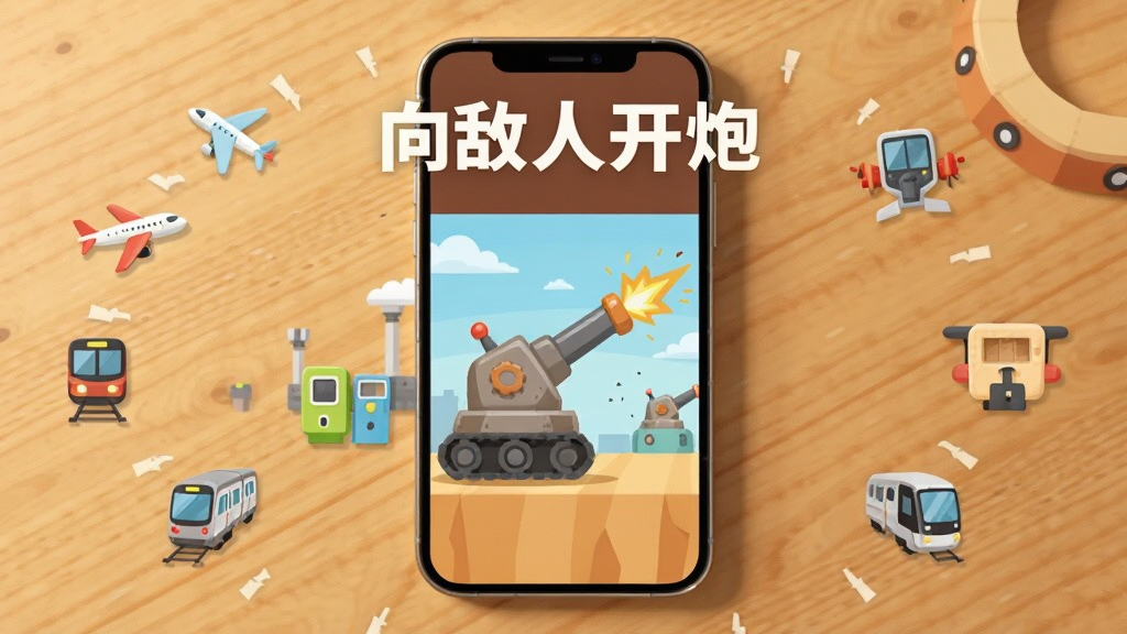 一部手机放置在木质桌面上,屏幕显示卡通炮台战斗画面,手机周围有飞机、地铁等小图标环绕,顶部用白色字标注