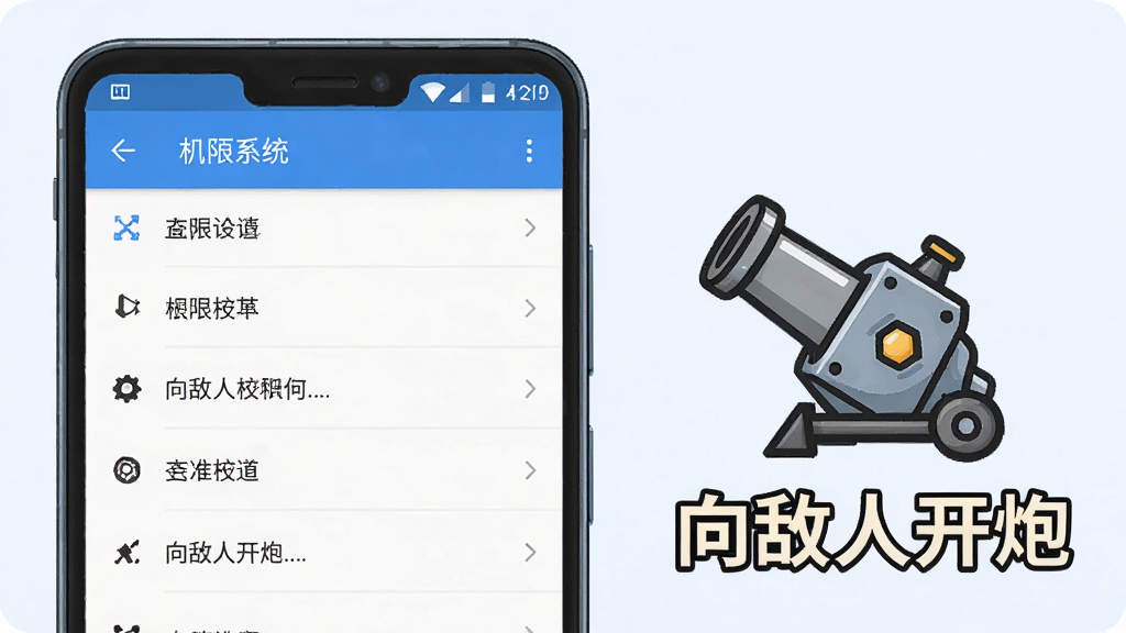 一张手机屏幕截图风格的插画,画面显示安卓系统的权限设置界面,旁边有卡通炮台小图标和