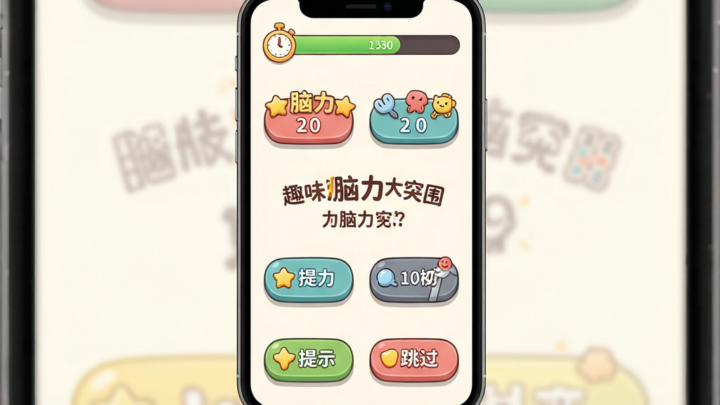 一幅展示趣味脑力大突围游戏内答题界面的竖版插画,画面中央是一道脑力题目,周围有四个选项按钮,顶部有倒计时进度条,底部有提示和跳过按钮,布局为典型的手机游戏答题界面,风格为可爱卡通风格,细节包含柔和的阴影和圆角按钮,画质清晰干净无多余元素,画面中文字为“趣味脑力大突围”。