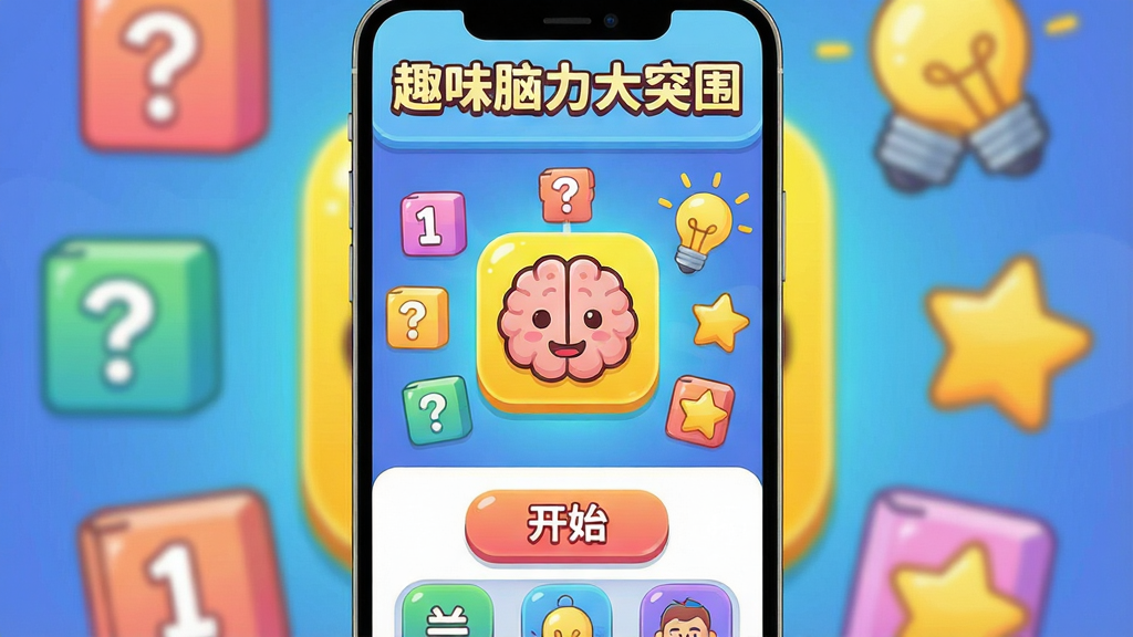 一张展示趣味脑力大突围游戏主界面的竖版手机截图风格插画,画面中央是明亮的卡通风格游戏图标,周围环绕着数字方块、问号、灯泡和星星等脑力元素,布局采用上下分层结构,上方是游戏标题区域,下方是开始按钮和关卡选择入口,风格为扁平化卡通设计,细节包含圆润的按钮和柔和的渐变色,画质清晰干净无多余元素,画面中文字为“趣味脑力大突围”。