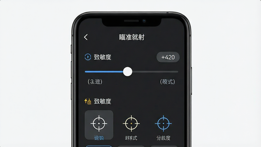 一张展示“瞄准就射”设置界面的图片,主体为手机屏幕中显示灵敏度调节滑块和准星样式选项,布局为居中手机界面,排版整齐,风格为现代简约风格,细节包括滑块、选项按钮、数值显示,画质清晰,干净,无多余元素