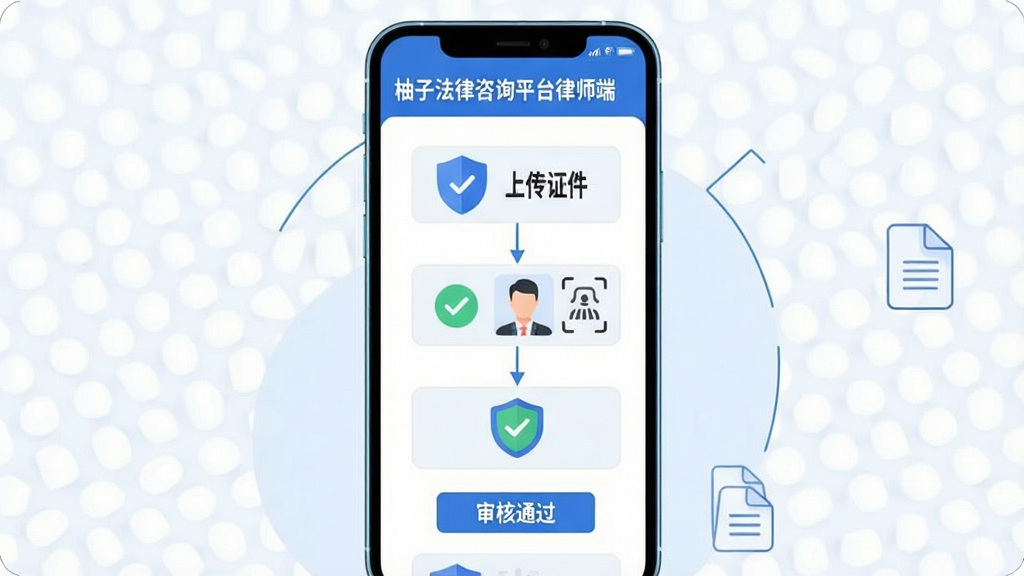 一张展示律师资质认证流程的示意图,画面主体是一部智能手机,屏幕上显示“柚子法律咨询平台律师端”的认证页面,页面上有上传证件、人脸识别、审核通过等步骤图标,布局采用纵向流程图形式,风格为扁平化科技插画,细节包括盾牌安全图标、对勾标记和文件图标,画质清晰,色彩以蓝白为主,干净整洁无多余元素