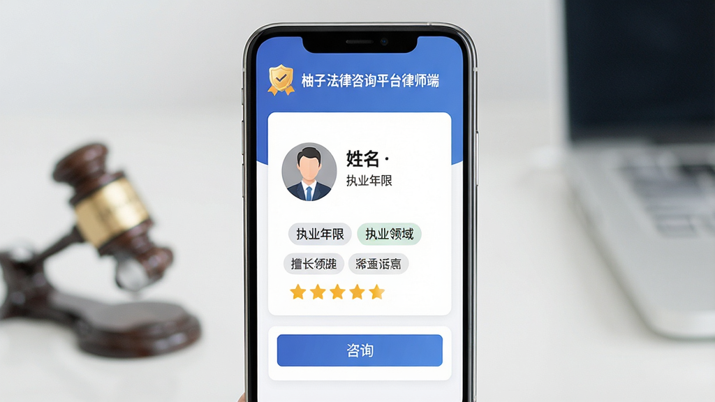 一张展示律师个人主页界面的图片,画面主体是手机屏幕,屏幕上显示“柚子法律咨询平台律师端”的律师资料卡,包含头像、姓名、执业年限、擅长领域标签和五星评价,布局采用卡片式设计,风格为清新商务风,细节包括顶部的认证徽章和底部的咨询按钮,画质清晰,界面整洁,干净无多余元素