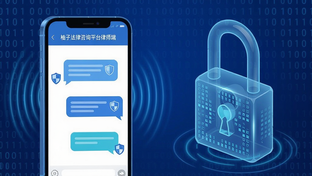 一张表现安全通信概念的图片,画面主体是一部手机和一把半透明的数字锁,手机屏幕上显示“柚子法律咨询平台律师端”的聊天界面,聊天气泡旁有盾牌图标,布局采用左右对称构图,风格为科技感插画,细节包括加密波纹和二进制代码背景,画质清晰,色调偏蓝,干净无多余元素