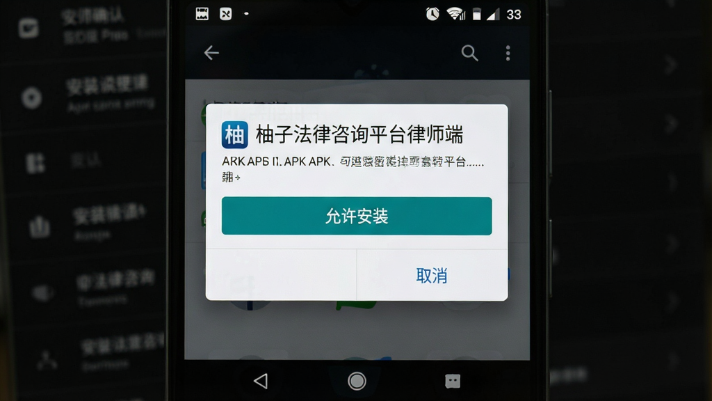 一张展示安卓手机安装APK文件时权限设置界面的图片,画面主体是手机屏幕特写,屏幕上显示“柚子法律咨询平台律师端”的安装确认弹窗,包含“允许安装”和“取消”按钮,背景是深色设置菜单,布局采用中心聚焦构图,风格为写实手机截图风格,细节包括顶部状态栏图标和底部导航条,画质清晰,界面文字锐利,干净无多余元素