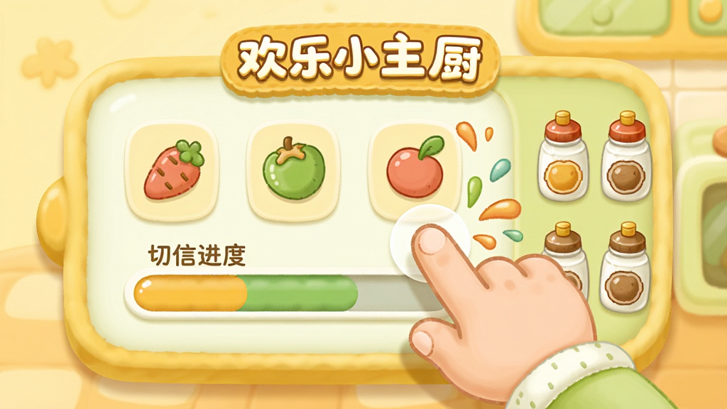 卡通厨房场景中,一只手正在点击屏幕上的食材图标,旁边显示切菜进度条和调味瓶,画面采用圆润可爱的卡通风格,色彩以暖黄和嫩绿为主,布局简洁突出操作区域,细节包含食材飞溅的动画效果,画质清晰干净,图片中文字标注“欢乐小主厨”