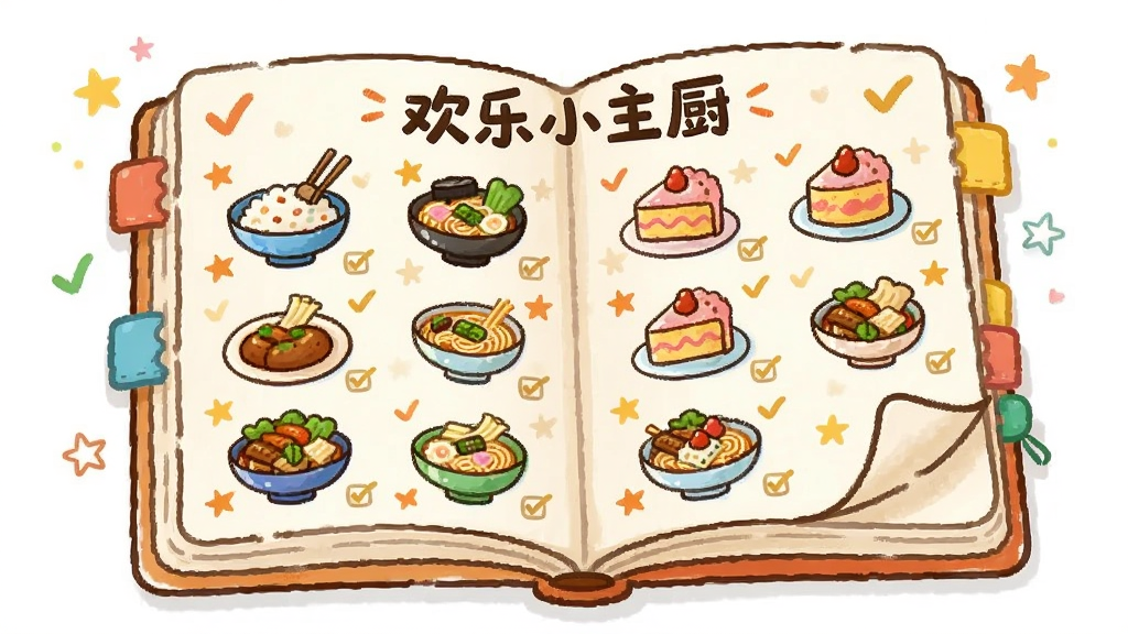 一本展开的卡通菜谱图鉴,页面上排列着各种菜品图标,有炒饭、拉面、蛋糕等,周围点缀着小星星和勾选标记,风格为清新手绘插画,布局居中展示图鉴内容,细节上加入翻页效果和彩色标签,画质干净明亮,图片中文字标注“欢乐小主厨”