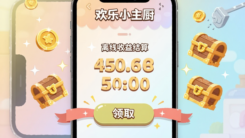 手机屏幕显示卡通餐厅的离线收益结算界面,金币和宝箱图标漂浮在空中,背景是柔和的渐变色彩,风格为扁平化UI插画,布局突出收益数字和领取按钮,细节加入闪光和飘带效果,画质干净整洁,图片中文字标注“欢乐小主厨”