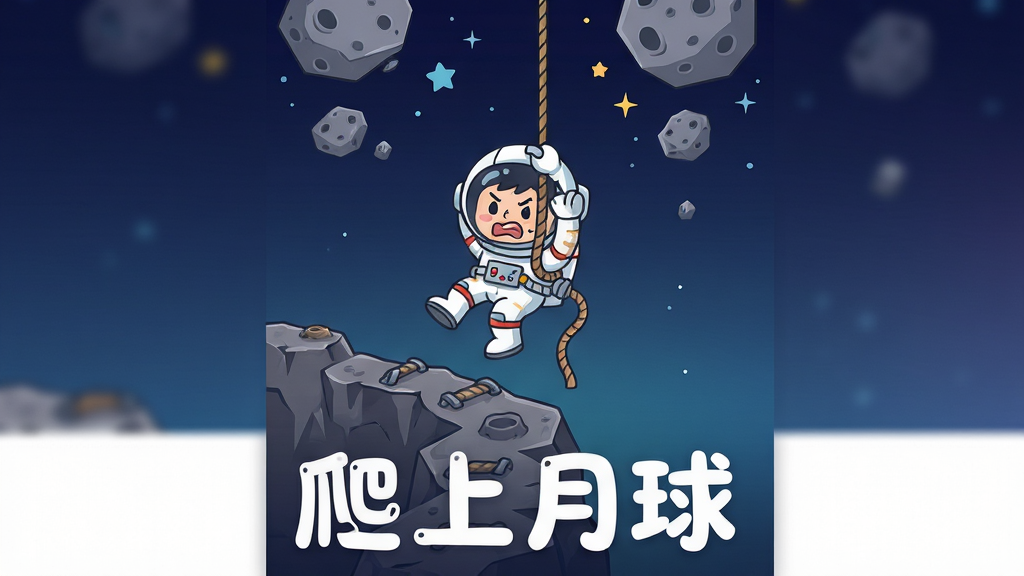 画面中心是一个卡通宇航员悬挂在半空中的绳索上,下方是已经攀爬过的一段崎岖岩石路径,上方还有更多漂浮的岩石和星星。布局采用竖版构图,突出攀爬的高度感。排版上在画面底部留出空白区域,用白色圆润字体写着“爬上月球”四个字。风格为扁平化卡通插画,细节包括宇航员紧张的表情和绳索的纹理。画质清晰,背景为干净的渐变夜空,无多余元素。
