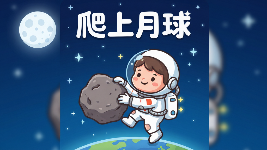 画面主体是一位身穿白色宇航服、头戴透明头盔的可爱卡通宇航员,正用双手抓住一块悬浮在空中的岩石向上攀爬。画面布局采用竖版手机屏幕比例,上方是深邃的深蓝色夜空和一轮明亮的圆月,下方是逐渐缩小的地球轮廓。排版上游戏标题“爬上月球”以圆润的白色字体置于画面上方居中位置。整体风格为清新明亮的卡通手绘风格,细节处可见星星闪烁的光点和宇航员背包上的小灯。画质高清,色彩干净,无多余杂乱元素。