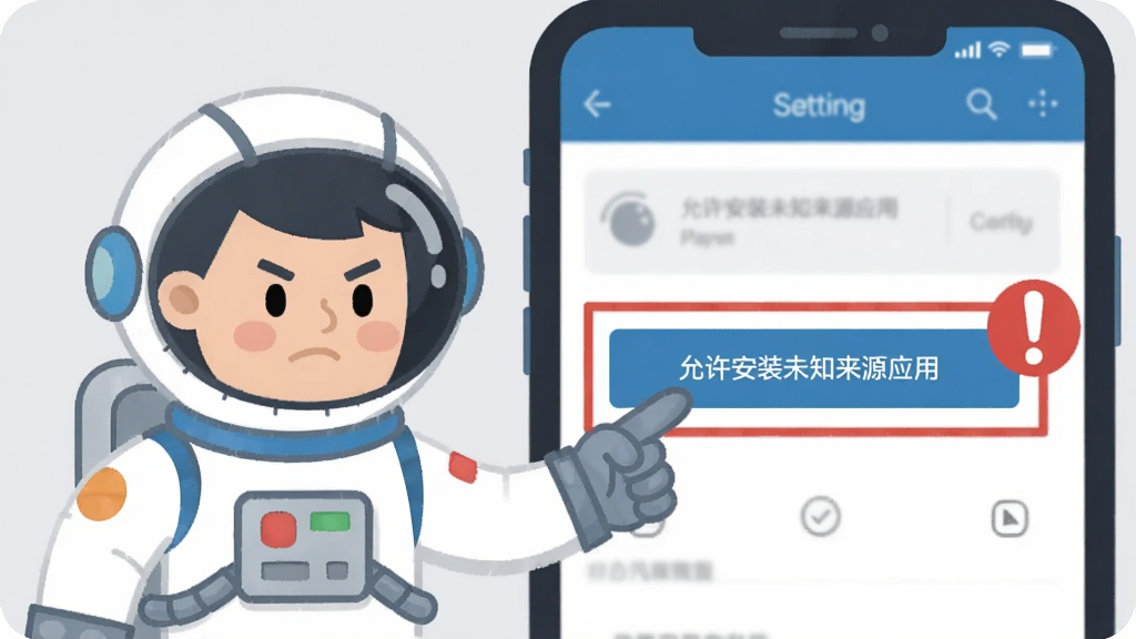 画面是一个卡通宇航员站在手机屏幕前,手指着屏幕上的“允许安装未知来源应用”按钮,旁边有一个红色的感叹号提示。布局为横版构图,左侧是宇航员,右侧是放大的手机设置界面。风格为扁平化信息图风格,细节包括宇航员认真的表情和手机界面上的高亮方框。画质清晰,背景为干净的浅灰色,无多余元素。