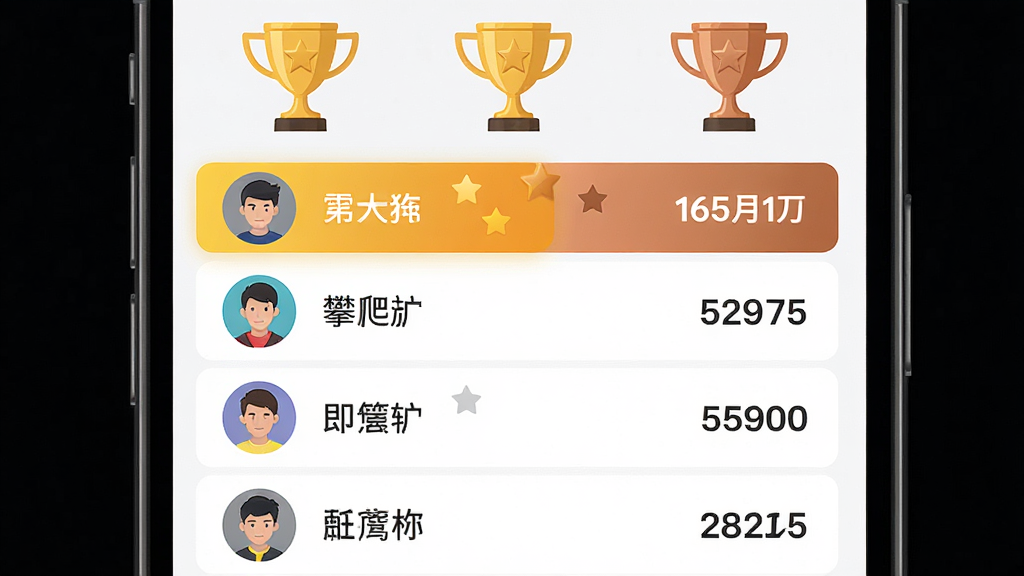 画面是一个手机屏幕界面截图,显示排行榜列表,顶部有金银铜三个奖杯图标,下方是玩家头像和对应的攀爬高度数字。布局为竖版列表形式,每行左侧是圆形头像,中间是昵称,右侧是高度数值。风格为简洁现代的UI设计风格,细节包括前三名的高亮底色和星星装饰。画质高清,界面干净,无多余元素。