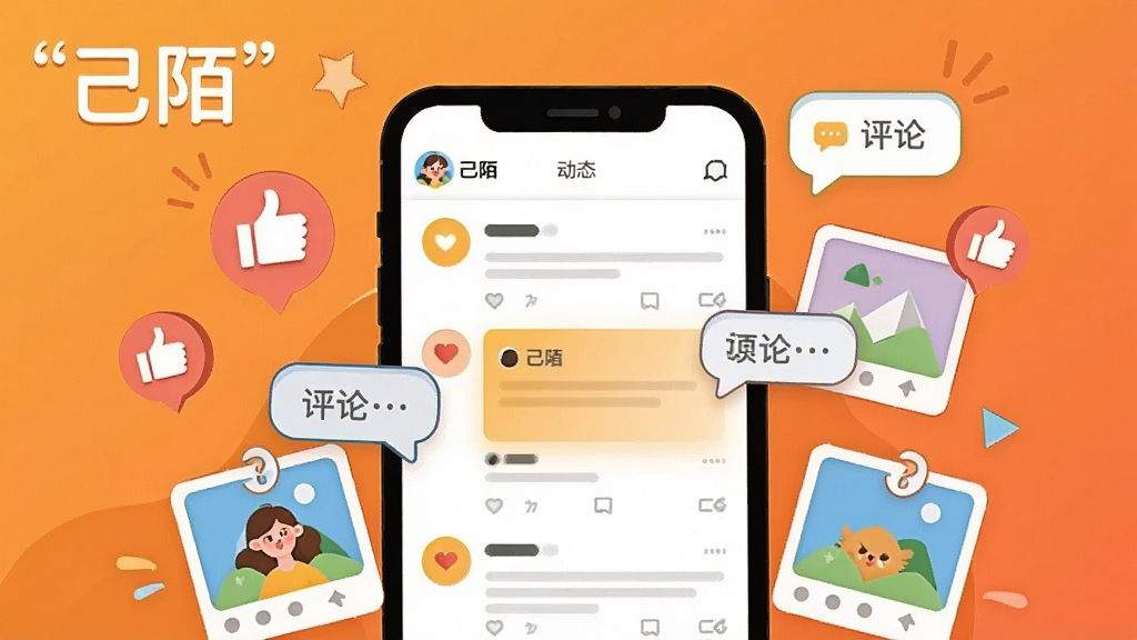 一张以“己陌”动态社区为主题的插画,画面中央是手机屏幕显示动态信息流,周围环绕点赞图标、评论气泡和图片缩略图,背景为暖橙色渐变,风格活泼明快,排版错落有致,细节清晰,画质干净,无多余元素,文字使用引号标注“己陌”