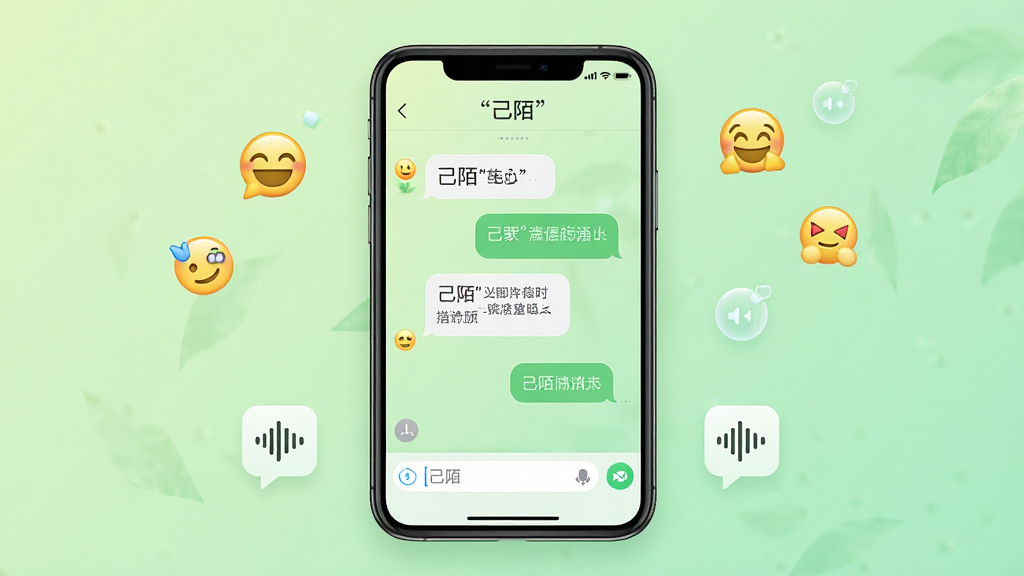 一张展示“己陌”聊天界面的手机样机图,屏幕内显示对话气泡与输入框,背景为淡绿色渐变,周围点缀表情符号和语音波形图标,风格清新自然,排版居中,细节清晰,画质干净,无多余元素,文字使用引号标注“己陌”