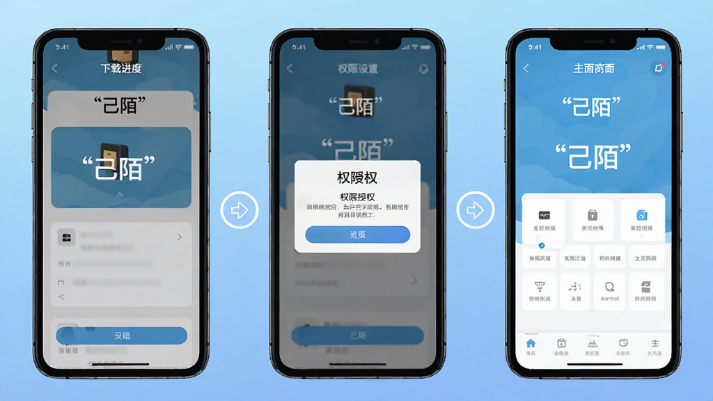 一张展示“己陌”安装与权限设置步骤的示意图,画面分为三个并排的手机屏幕,分别显示下载进度、权限授权弹窗和主界面,背景为浅蓝色渐变,风格扁平化,排版整齐,细节清晰,画质干净,无多余元素,文字使用引号标注“己陌”