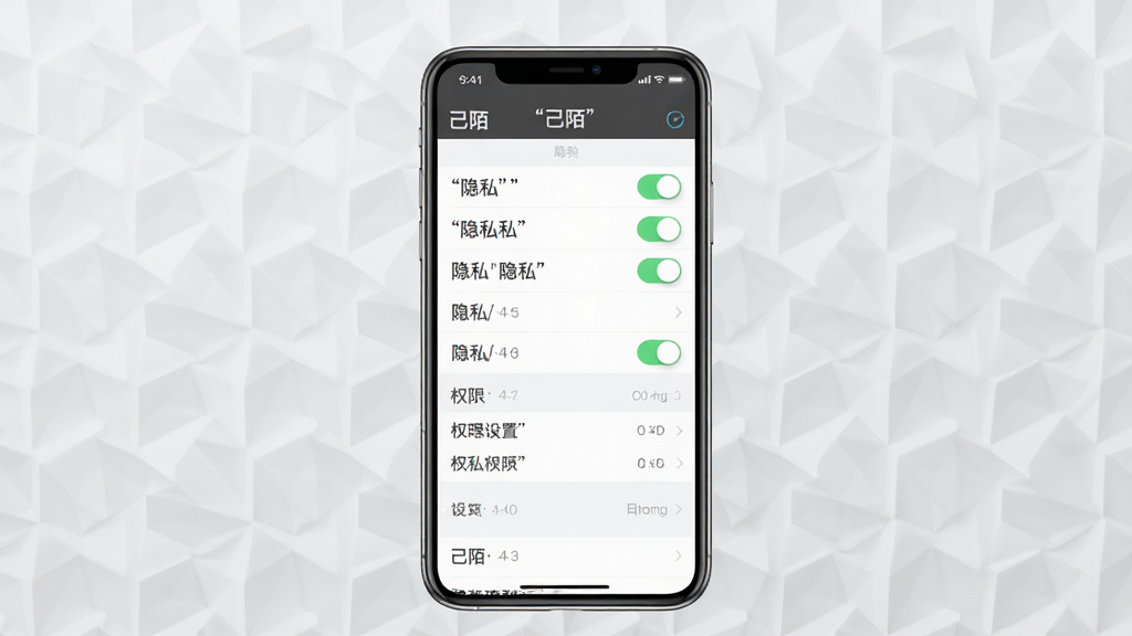 一张展示“己陌”隐私设置界面的手机截图风格图,画面中央为手机屏幕,屏幕内显示隐私开关列表与权限选项,背景为浅灰色几何纹理,风格简约商务,排版整齐,细节清晰,画质干净,无多余元素,文字使用引号标注“己陌”