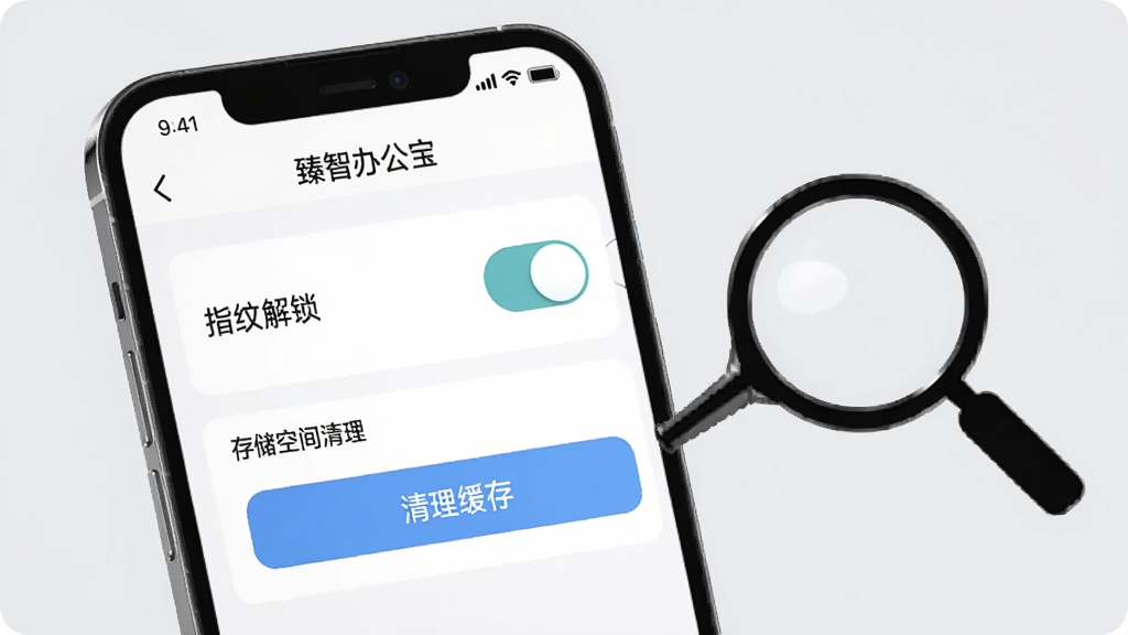 一部手机屏幕显示“臻智办公宝”的设置界面,界面中有指纹解锁开关和存储空间清理选项。手机旁边有一个放大镜图标指向“清理缓存”按钮。背景是干净的浅灰色,风格简洁直观,画质清晰,重点突出设置选项,无多余文字干扰。