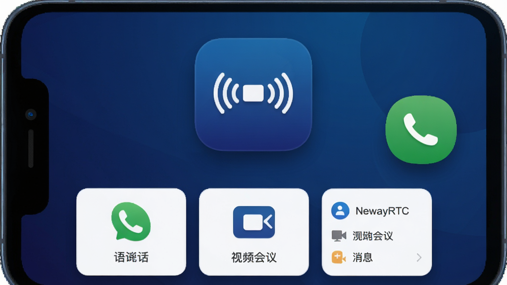 一张展示NewayRTC软件主界面的手机屏幕预览图,画面中央是深蓝色渐变背景的应用程序图标,图标下方排列着语音通话、视频会议、消息列表三个功能卡片,右侧悬浮一个绿色接听按钮,整体布局简洁现代,风格偏向科技商务,细节包括圆角图标、柔和阴影和清晰的功能文字标识,画质高清,干净,无多余元素