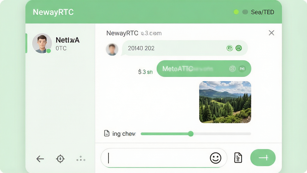 一张NewayRTC即时消息与文件传输界面示意图,画面中央是聊天对话框,左侧显示联系人头像和昵称,右侧是文字气泡和一张图片缩略图,底部输入框旁有表情、附件和发送按钮,顶部标题栏显示在线状态,整体风格清新简洁,配色以浅绿和白色为主,细节包括消息时间戳、已读标记和文件传输进度条,画质清晰,干净,无多余元素