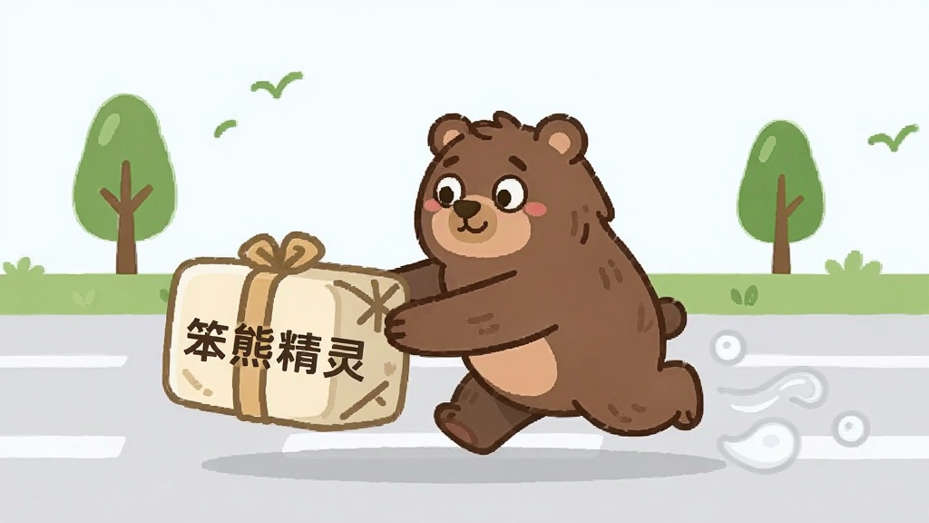 一只卡通笨熊精灵轻松地推着一个轻飘飘的包裹向前跑,包裹上写着“笨熊精灵”字样,背景是简洁的浅灰色跑道和绿色小树,扁平矢量风格,画面清爽干净,突出轻量流畅的感觉,高清画质。