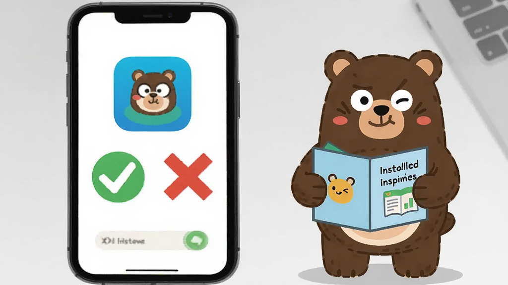 一部智能手机屏幕显示笨熊精灵应用界面,旁边有卡通笨熊精灵拿着安装说明书,背景是浅灰色桌面,画面中有打勾和叉号的图标对比,扁平插画风格,突出安装注意事项,高清画质,干净无多余元素。