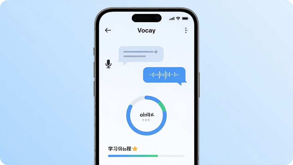 Vocay 是一款 AI 智能口语陪练应用,主体为一部智能手机屏幕展示应用主界面,界面中包含对话气泡与语音波形图标,布局为手机居中放置,背景为浅蓝色渐变,风格为现代扁平化科技风,细节包含麦克风图标、发音评分环形图、学习进度条,画质高清,干净整洁,无多余元素