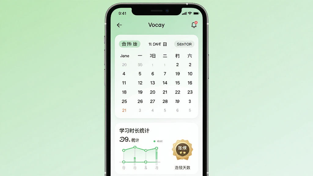 Vocay 个性化学习计划界面,主体为手机屏幕展示学习日历与进度图表,布局为手机居中,背景为浅绿色渐变,风格为清新简约风,细节包含打卡日历、学习时长统计、连续天数徽章,画质高清,干净整洁,无多余元素
