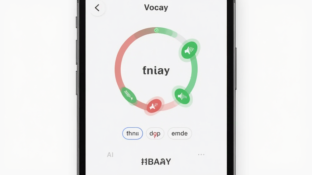 Vocay 应用内 AI 语音评分界面,主体为手机屏幕显示发音评分环形图与逐词标注,布局为手机正面展示,背景为白色简洁风格,细节包含绿色正确发音标记、红色错误发音标记、评分数字,画质高清,干净整洁,无多余元素