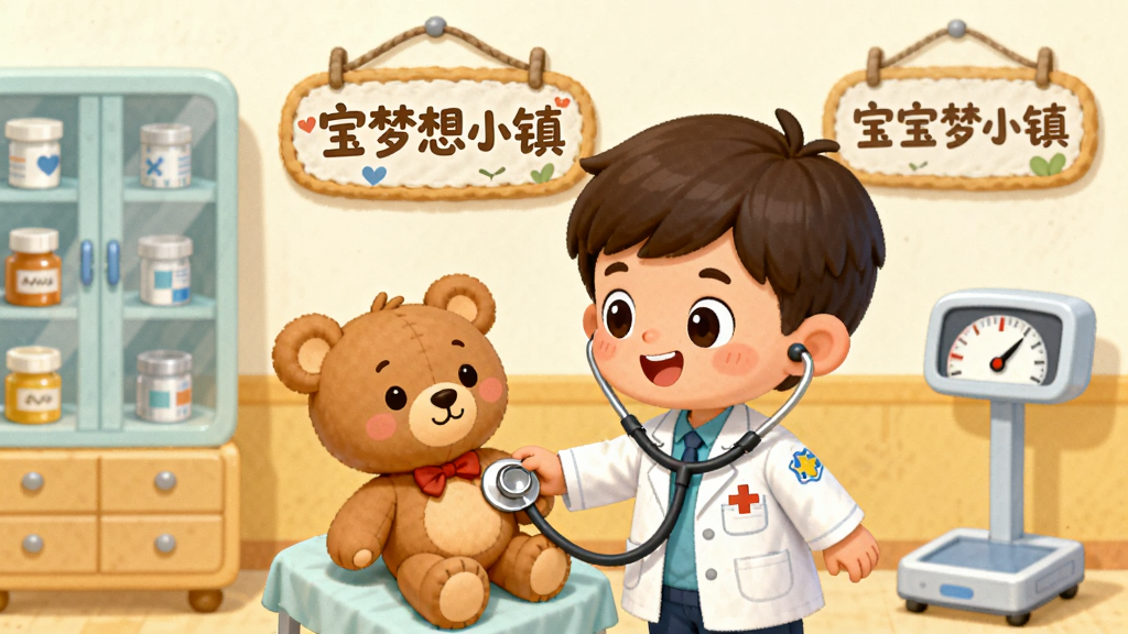һ�ſ�ͨ���Ķ�ͯҽԺ����ͼ��������һλ���Ű״�ӵĿ�ͨСҽ��������������ΪС����ż������壬�Ա���ҩ������سӣ�ǽ�Ϲ��š���������С�������Ŀɰ����ƣ�����ɫ����ů���������ʸɾ��������޶�������Ԫ��